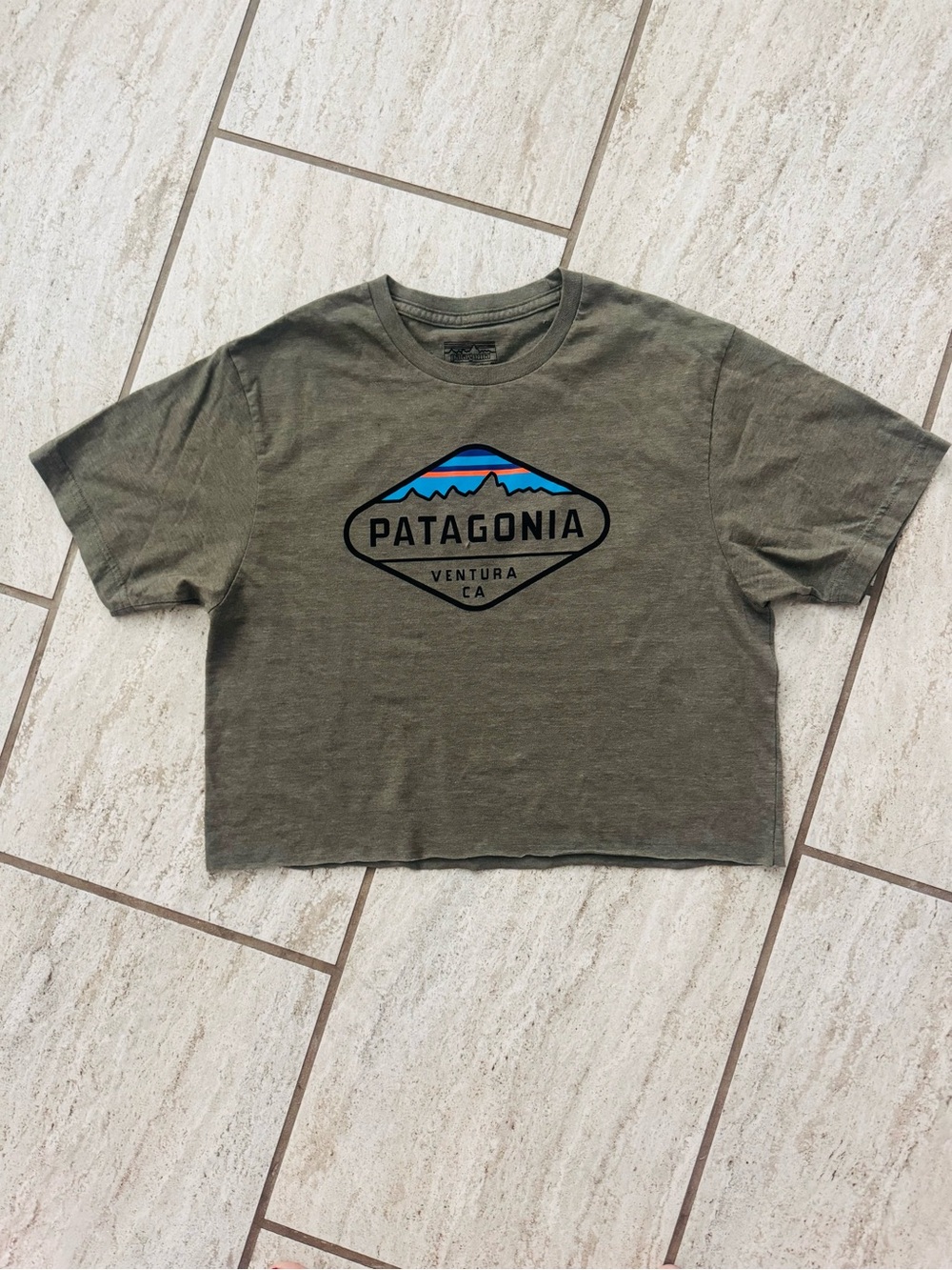 Patagonia Olive Green Graphic Cropped Tee with Blue Accent